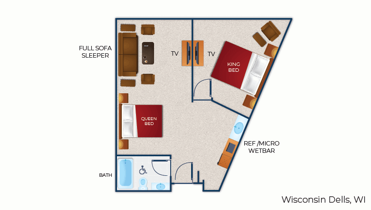 The floor plan for the Royal Bear Suite (Accessible bathtub)